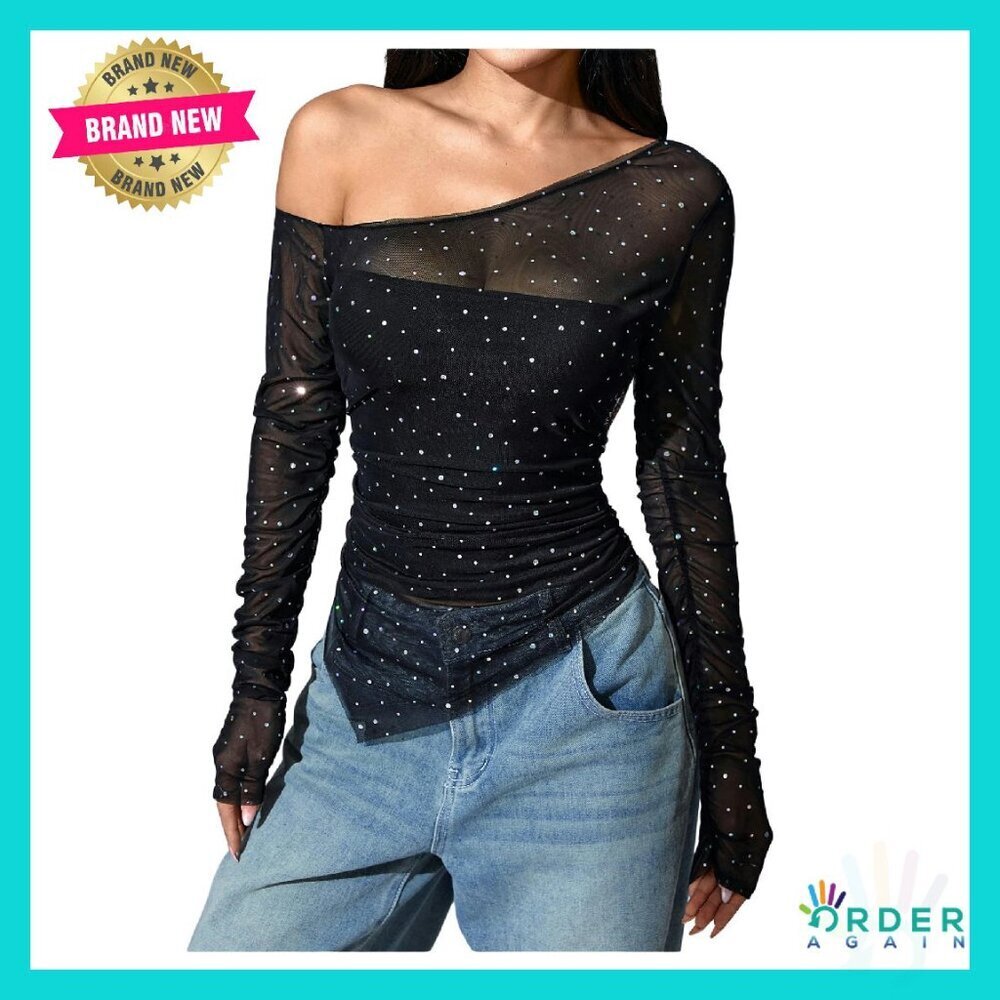 Sequin Sheer Top One Shoulder Ruched Long Sleeve Tee Chic Party Wear